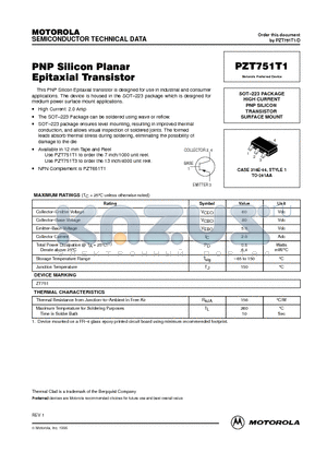 PZT751T1 datasheet - SOT-223 PACKAGE HIGH CURRENT PNP SILICON TRANSISTOR SURFACE MOUNT