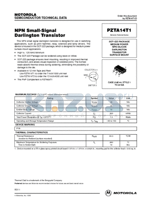 PZTA14T1 datasheet - SOT-223 PACKAGE MEDIUM POWER NPN SILICON DARLINGTON TRANSISTOR SURFACE MOUNT