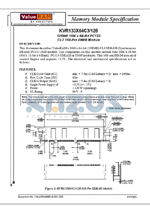 KVR133X64C3/128 datasheet - 128MB 16M x 64Bit PC133 CL3 Low Profile 168-Pin Dimm Module