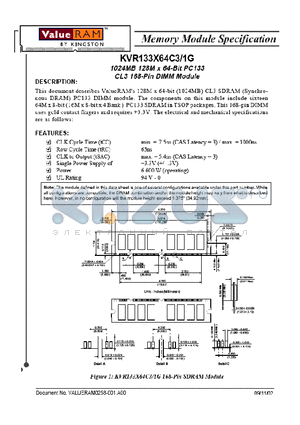 KVR133X64C31G datasheet - 1024MB 16M x Bit PC133 CL3 Low Profile 168-Pin Dimm Module