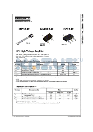 PZTA42 datasheet - NPN High Voltage Amplifier