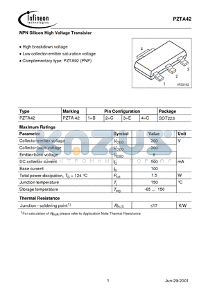 PZTA42 datasheet - NPN Silicon High Voltage Transistor