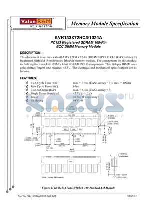 KVR133X72RC3/1024A datasheet - PC133 Registered SDRAM 168-Pin ECC DIMM Memory Module