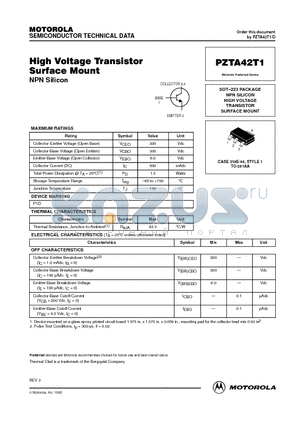 PZTA42T1 datasheet - NPN SILICON HIGH VOLTAGE TRANSISTOR SURFACE MOUNT