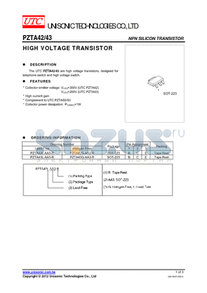 PZTA43G-AA3-R datasheet - HIGH VOLTAGE TRANSISTOR