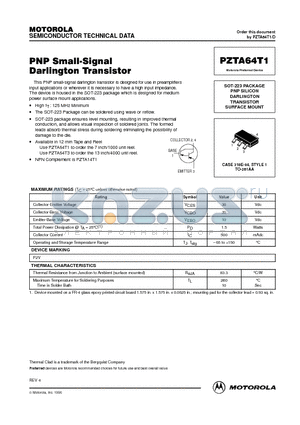 PZTA64T1 datasheet - PNP SILICON DARLINGTON TRANSISTOR SURFACE MOUNT
