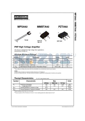 PZTA92 datasheet - PNP High Voltage Amplifier