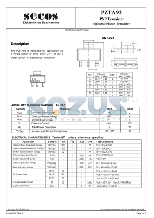 PZTA92 datasheet - Epitaxial Planar Transistor