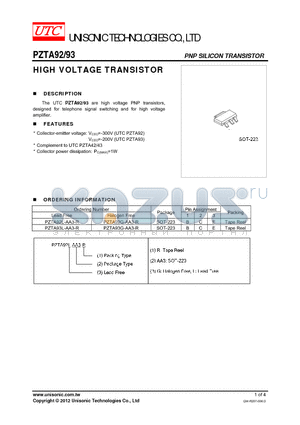 PZTA92 datasheet - HIGH VOLTAGE TRANSISTOR