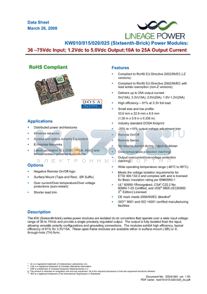 KW025A0M41-SR datasheet - 36 - 75Vdc Input; 1.2 to 5.0Vdc Output; 10 to 25A Output current