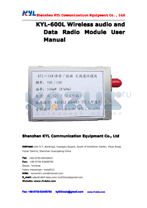 KYL-600L-192 datasheet - KYL-600L Wireless audio and Data Radio Module User Manual