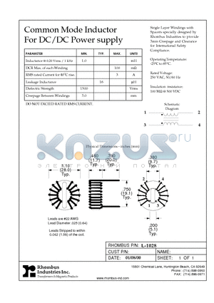 L-1028 datasheet - Common Mode Inductor For DC/DC Power supply