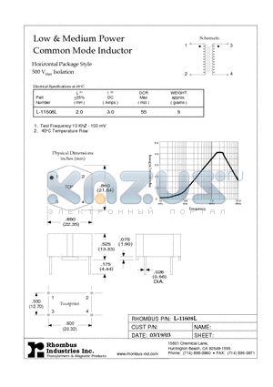 L-11608L datasheet - Low & Medium Power Common Mode Inductor