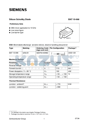 Q62702-A0062 datasheet - Silicon Schottky Diode (DBS mixer application to 10 GHz Low noise figure Low barrier type)