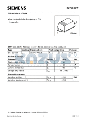 Q62702-A1028 datasheet - Silicon Schottky Diode (Low barrier diode for detectors up to GHz frequencies)