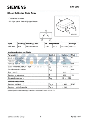 Q62702-A1051 datasheet - Silicon Switching Diode Array (Connected in series For high speed switching applications)
