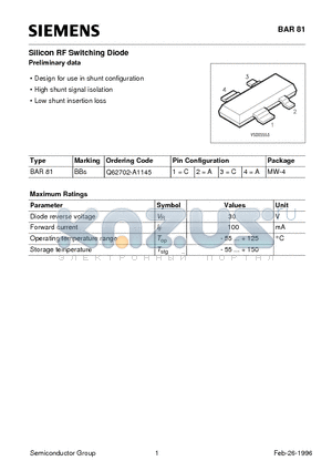 Q62702-A1145 datasheet - Preliminary data Silicon RF Switching Diode (Design for use in shunt configuration High shunt signal isolation Low shunt insertion loss)