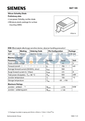 Q62702-A1190 datasheet - Silicon Schottky Diode (Low-power Schottky rectifier diode Miniature plastic package for surface mounting SMD)
