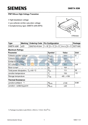 Q62702-A1244 datasheet - PNP Silicon High-Voltage Transistor