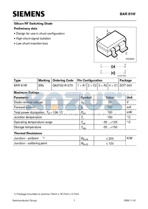 Q62702-A1270 datasheet - Silicon RF Switching Diode Preliminary data (Design for use in shunt configuration High shunt signal isolation Low shunt insertion loss)