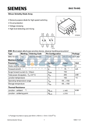 Q62702-A3468 datasheet - Silicon Schottky Diode Array (General-purpose diode for high-speed switching Circuit protection Voltage clamping)