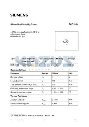 Q62702-A504 datasheet - Silicon Dual Schottky Diode (DBS mixer applications to 12 GHz Low noise figure Low barrier type)