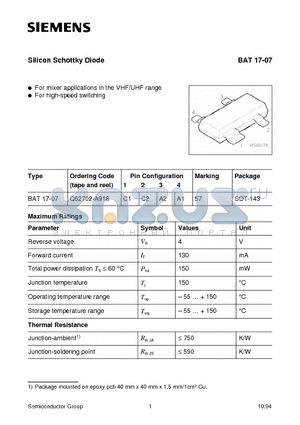 Q62702-A918 datasheet - Silicon Schottky Diode (For mixer applications in the VHF/UHF range For high-speed switching)
