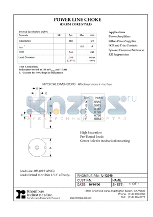 L-12248 datasheet - POWER LINE CHOKE