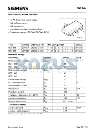 Q62702-D1336 datasheet - PNP Silicon AF Power Transistor (For AF drivers and output stages High collector current High current gain)