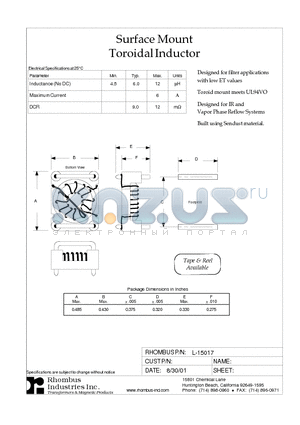 L-15017 datasheet - Surface Mount Toroidal Inductor