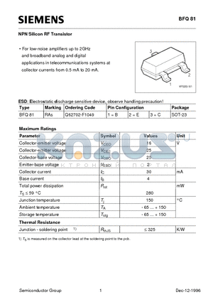 Q62702-F1049 datasheet - NPN Silicon RF Transistor (For low-noise amplifiers up to 2GHz and broadband analog and digital applications)