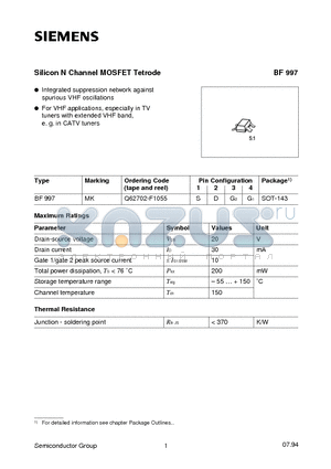 Q62702-F1055 datasheet - Silicon N Channel MOSFET Tetrode (Integrated suppression network against spurious VHF oscillations)