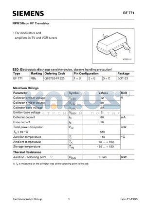 Q62702-F1225 datasheet - NPN Silicon RF Transistor (For modulators and amplifiers in TV and VCR tuners)