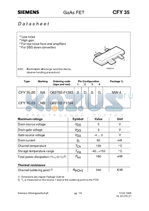 Q62702-F1394 datasheet - GaAs FET (Low noise High gain For low-noise front end amplifiers For DBS down converters)