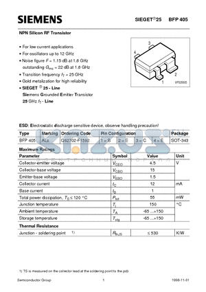 Q62702-F1592 datasheet - NPN Silicon RF Transistor (For low current applications For oscillators up to 12 GHz)