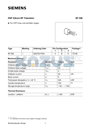 Q62702-F534 datasheet - PNP Silicon RF Transistor (For VHF mixer and oscillator stages)