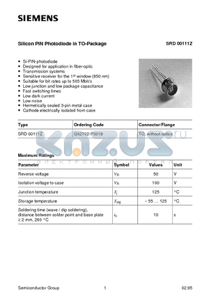 Q62702-P3019 datasheet - Silicon PIN Photodiode in TO-Package