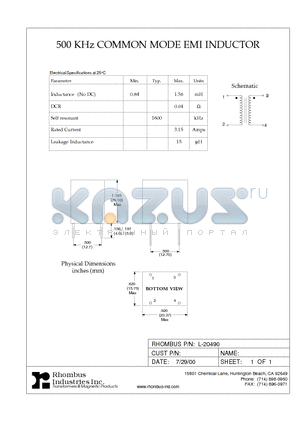 L-20490 datasheet - 500 KHz COMMON MODE EMI INDUCTOR