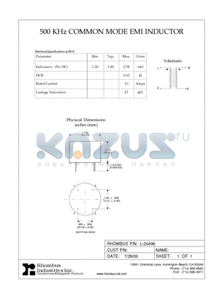 L-20496 datasheet - 500 KHz COMMON MODE EMI INDUCTOR