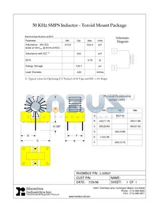 L-20507 datasheet - 50 KHz SMPS Inductor - Toroid Mount Package