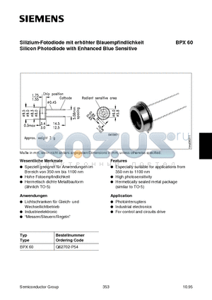 Q62702-P54 datasheet - Silizium-Fotodiode mit erhohter Blauempfindlichkeit Silicon Photodiode with Enhanced Blue Sensitive