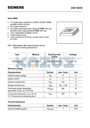 Q62702G0076 datasheet - GaAs MMIC (Tri mode power amplifier for AMPS/ CDMA /TDMA portable cellular phones Dual band operation)