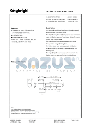 L-424GDT datasheet - T-1(3mm) CYLINDRICAL LED LAMPS