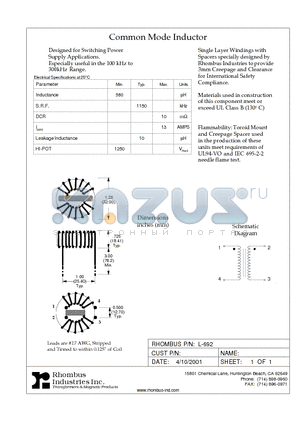 L-692 datasheet - Common Mode Inductor