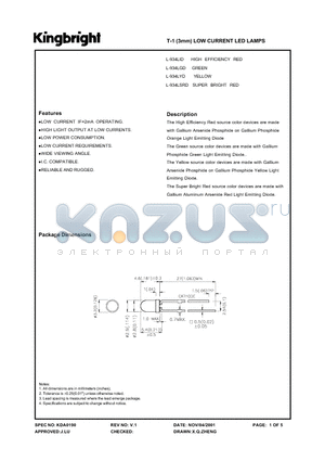 L-934LID datasheet - T-1 (3mm) LOW CURRENT LED LAMPS