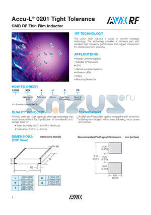 L0201XXXXHSTR datasheet - Accu-L^ 0201 Tight Tolerance