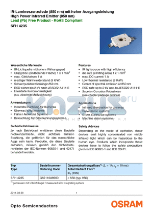 Q65110A8900 datasheet - IR-Lumineszenzdiode (850 nm) mit hoher Ausgangsleistung