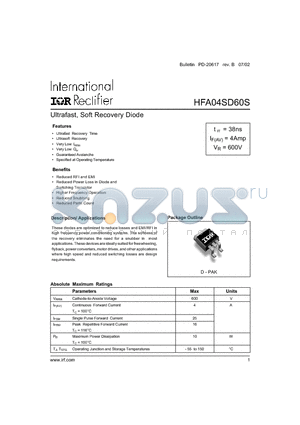 HFA04SD60S datasheet - Ultrafast, Soft Recovery Diode