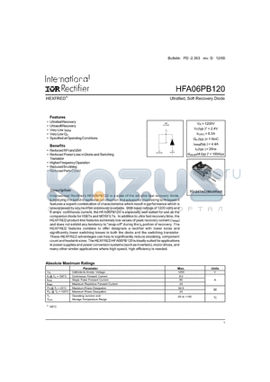 HFA06PB120 datasheet - HEXFRED Ultrafast, Soft Recovery Diode