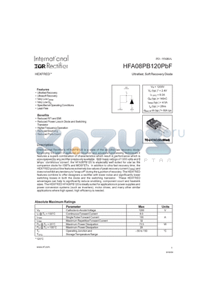 HFA08PB120PBF datasheet - Ultrafast, SoftRecoveryDiode